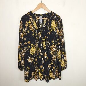 Melissa McCarthy Floral Button Up Tunic Pintuck Pleat Tie Back
